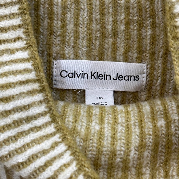 CALVIN KLEIN JEANS Contrast Cuff Sweater SZ L Olive Tan Cream Stripes - Picture 3 of 10